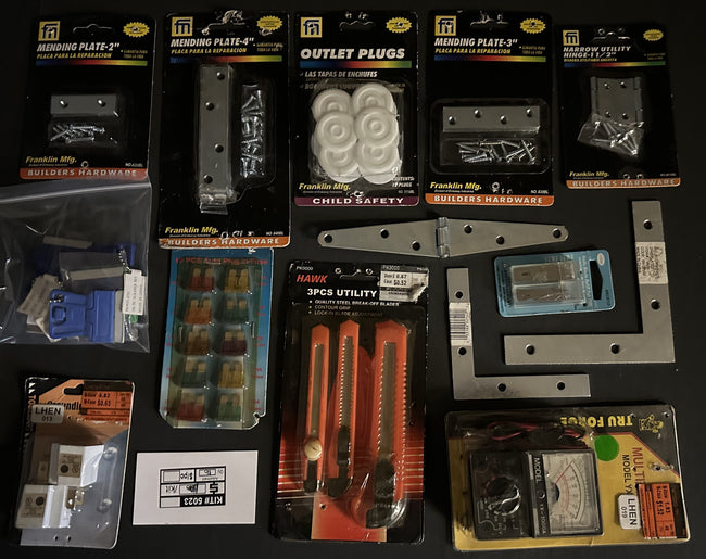 Bulk Closeout Lot Builders Hardware & Electrical Assortment – Mending Plates, Outlet Plugs, Utility Knives, Multimeter & Hinges – FREE SHIPPING – FINAL SALE