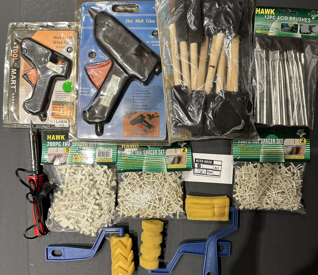 Bulk Closeout Lot DIY Tile & Craft Tools – Hot Glue Guns, Tile Spacer Sets, Foam Brushes & Rollers – FREE SHIPPING – FINAL SALE
