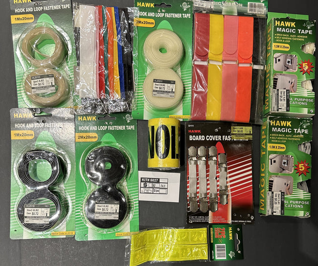 Bulk Closeout Lot HAWK Hook & Loop Fastener Tape & Magic Tape Assortment – Board Cover Clips & Straps – FREE SHIPPING – FINAL SALE
