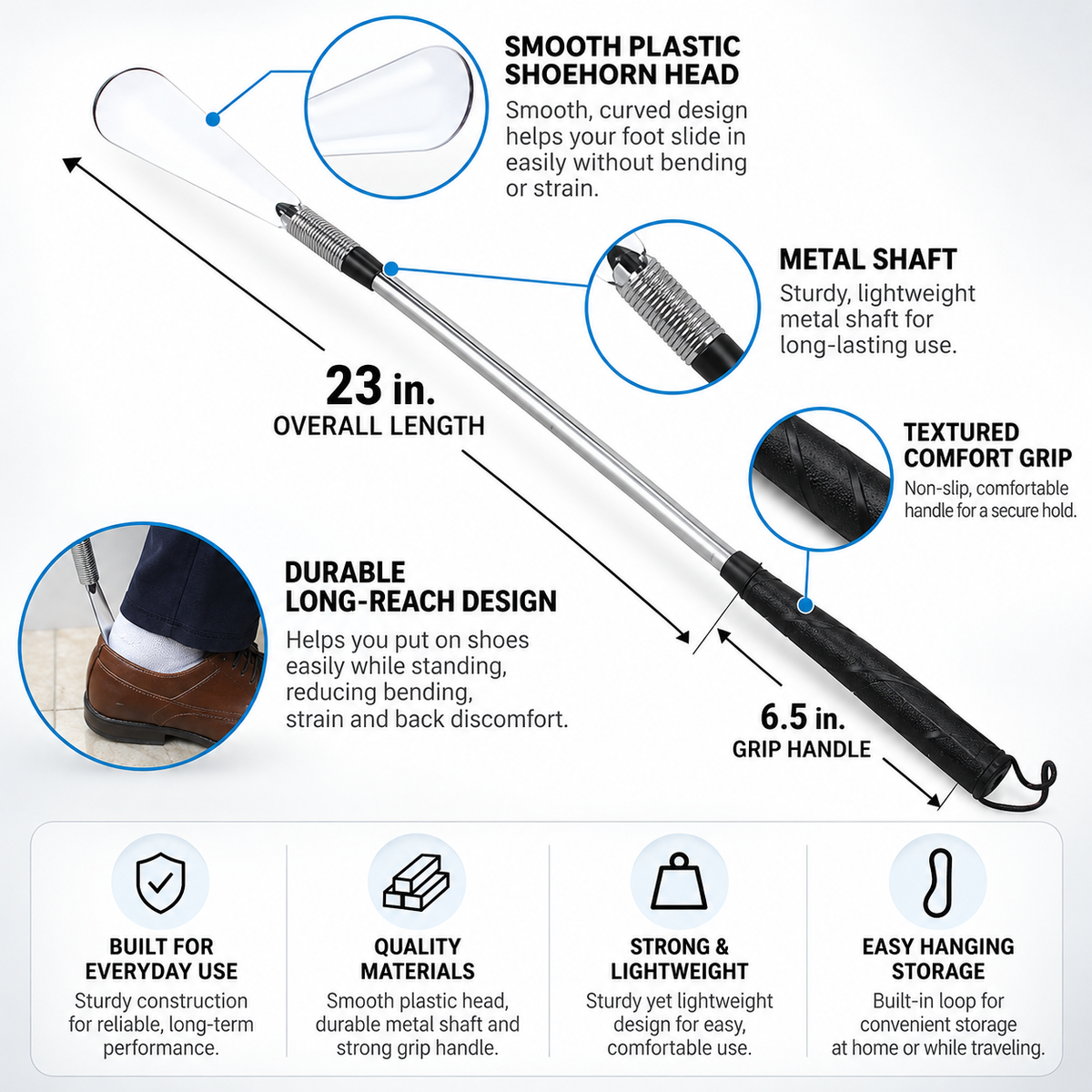 23 Inch Long Handle Shoe Horn for Men & Women – Metal Shoe Horn with Ergonomic Non-Slip Grip, Smooth Plastic Head & Hanging Loop – Long Reach Shoe Helper for Seniors & Adults