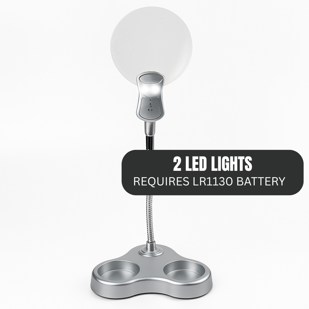 3.5" Rimless Magnifier Lamp with LED Light and Storage Base – 3X & 4.5X Power, Flexible Neck, Weighted Base, Batteries Included