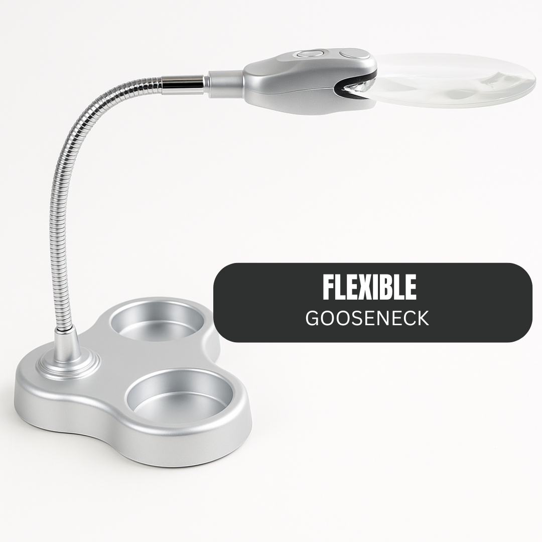 3.5" Rimless Magnifier Lamp with LED Light and Storage Base – 3X & 4.5X Power, Flexible Neck, Weighted Base, Batteries Included