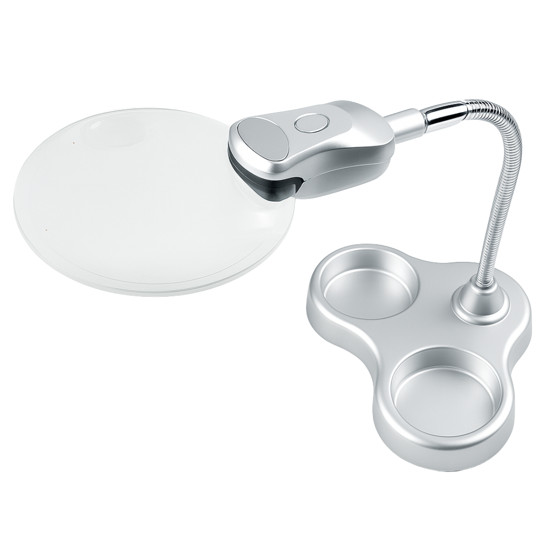3.5" Rimless Magnifier Lamp with LED Light and Storage Base – 3X & 4.5X Power, Flexible Neck, Weighted Base, Batteries Included