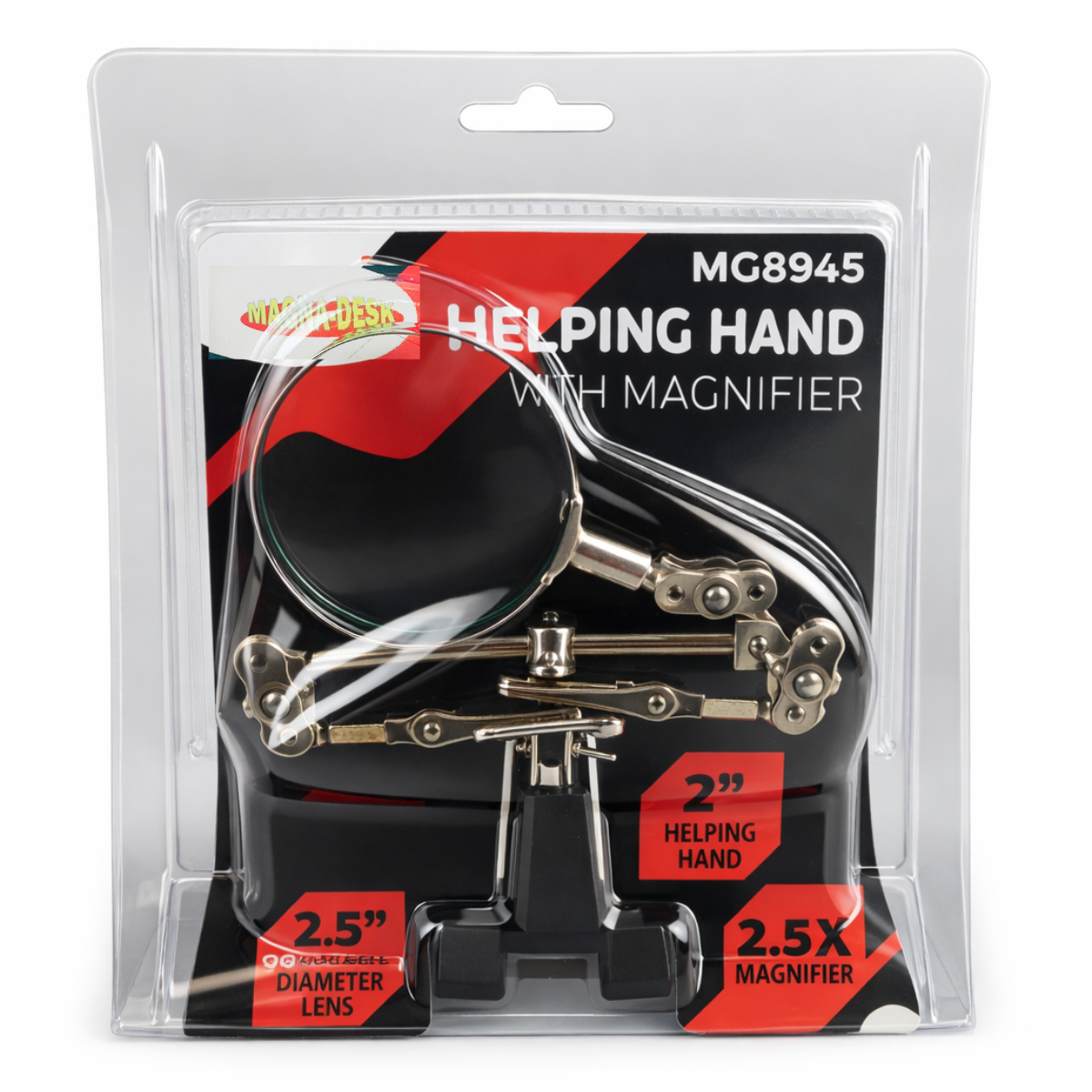 2X Helping Hands Magnifier with 2-Inch Lens, Adjustable Alligator Clips, Ball-and-Socket Joints and Weighted Cast Iron Base for Soldering – MG-08945