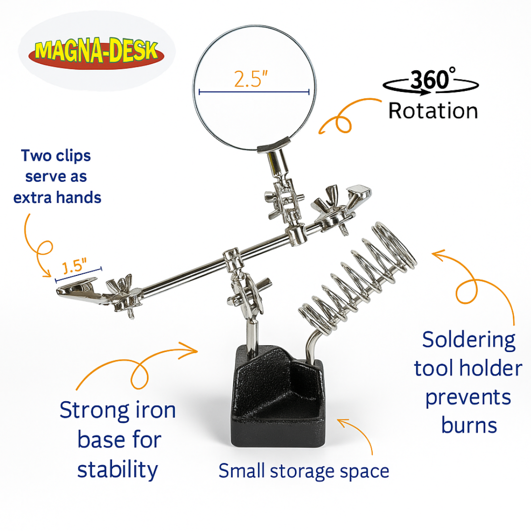 Helping Hand Magnifier with Tool Holder – 2.5" 2X Glass Lens, Adjustable Alligator Clips, Weighted Cast Iron Base with Storage Tray – Soldering & Jewelry Workstation
