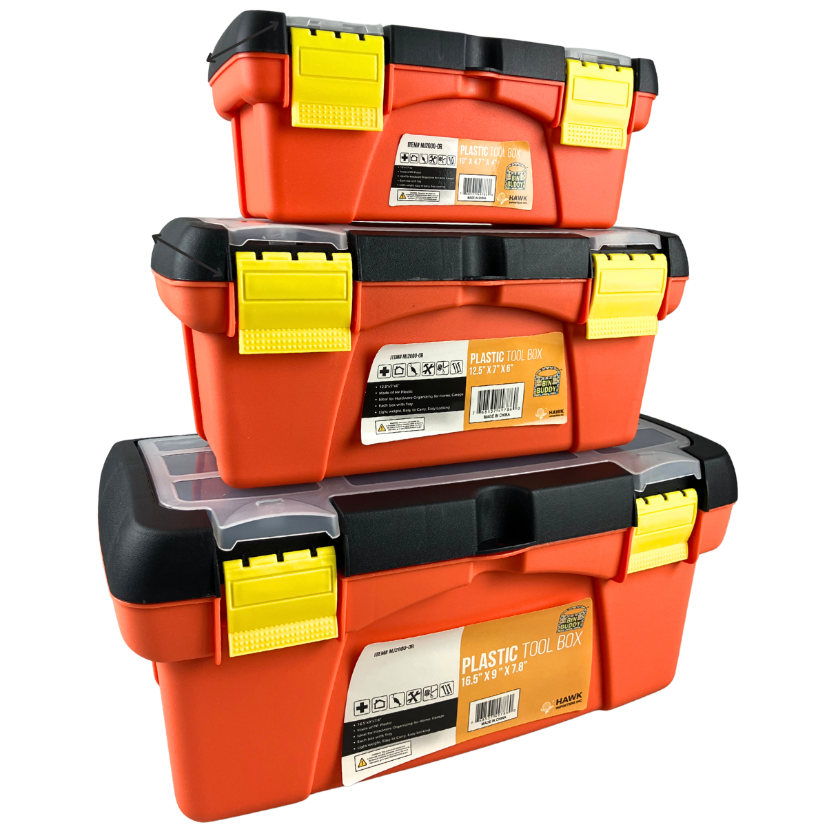 3-Piece Plastic Tool Box Set with Tray – Durable Orange Storage Organizer with Secure Latches & Top Compartments