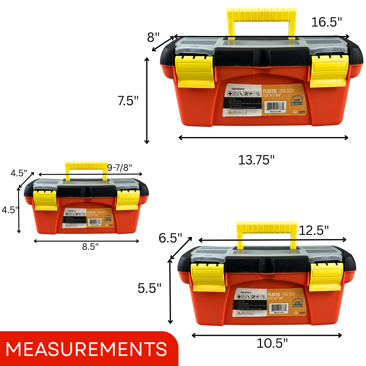 3-Piece Plastic Tool Box Set with Tray – Durable Orange Storage Organizer with Secure Latches & Top Compartments