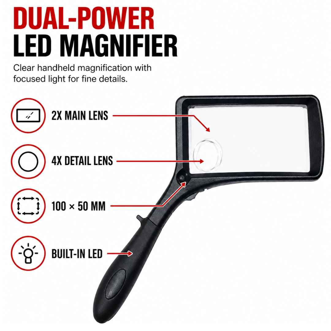 100 × 50 mm Rectangular Handheld Magnifier with 2X Main Lens, 4X Diopter and LED Light – Lightweight Reading Magnifier with Rubberized Easy-Grip Handle – MG-07546