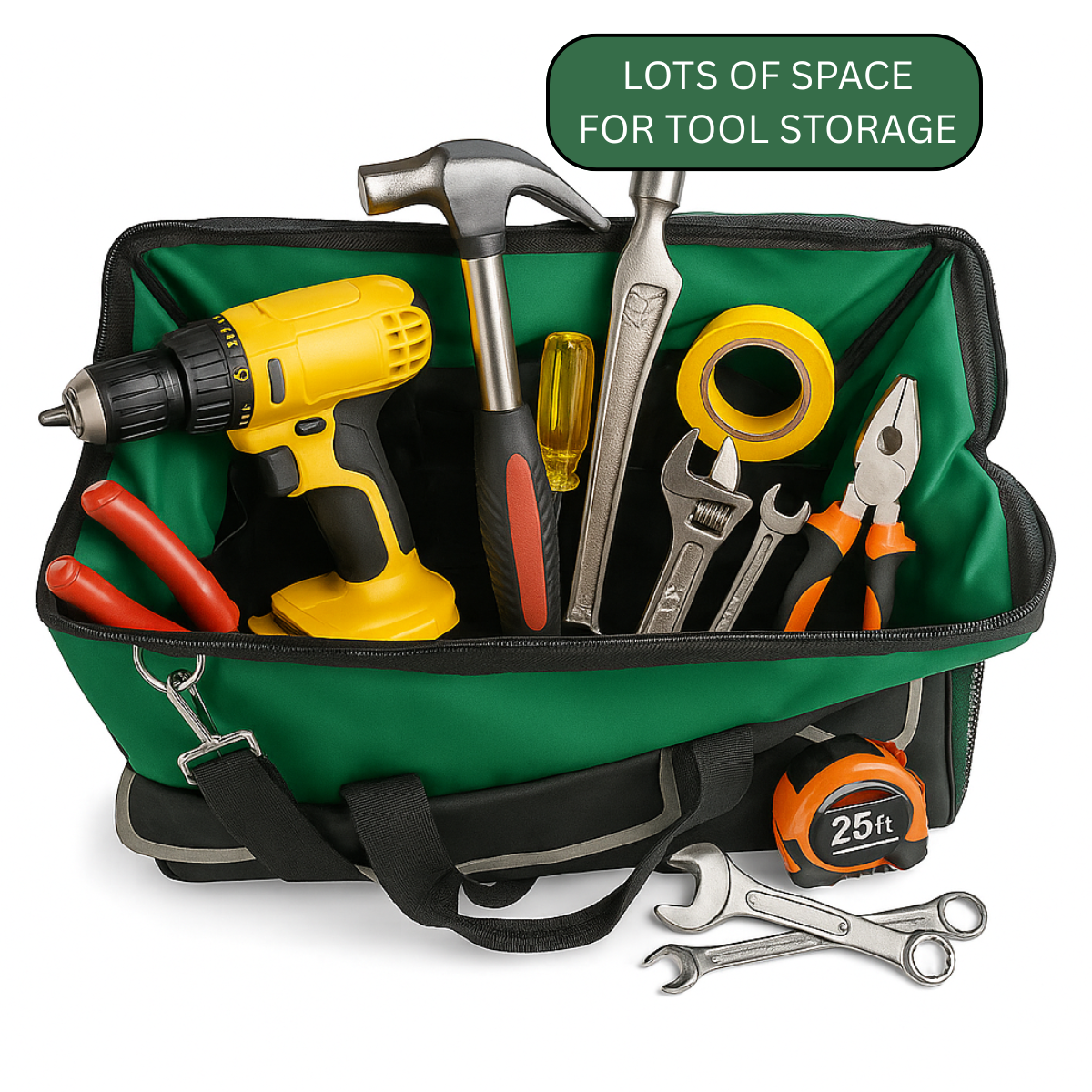 RAVEN 24" Heavy Duty Tool Bag with Pockets and Straps, Green and Black