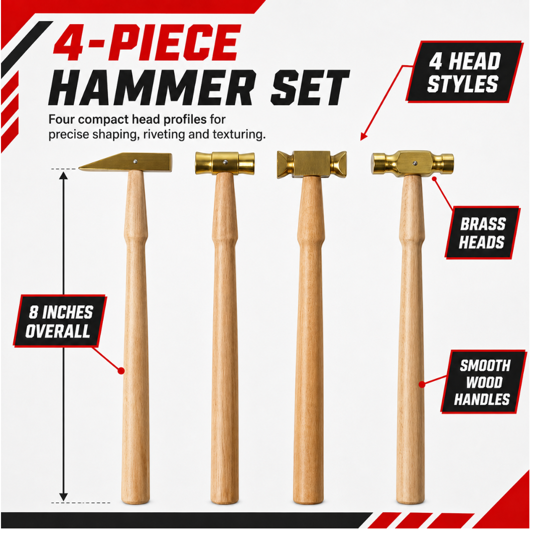 4 Piece Brass Hammer Set – Jewelry Making & Craft Hammers with Flat, Square, Chisel & Ball Peen Heads – 9" Wooden Handles, Lightweight & Non-Sparking- PH-12704