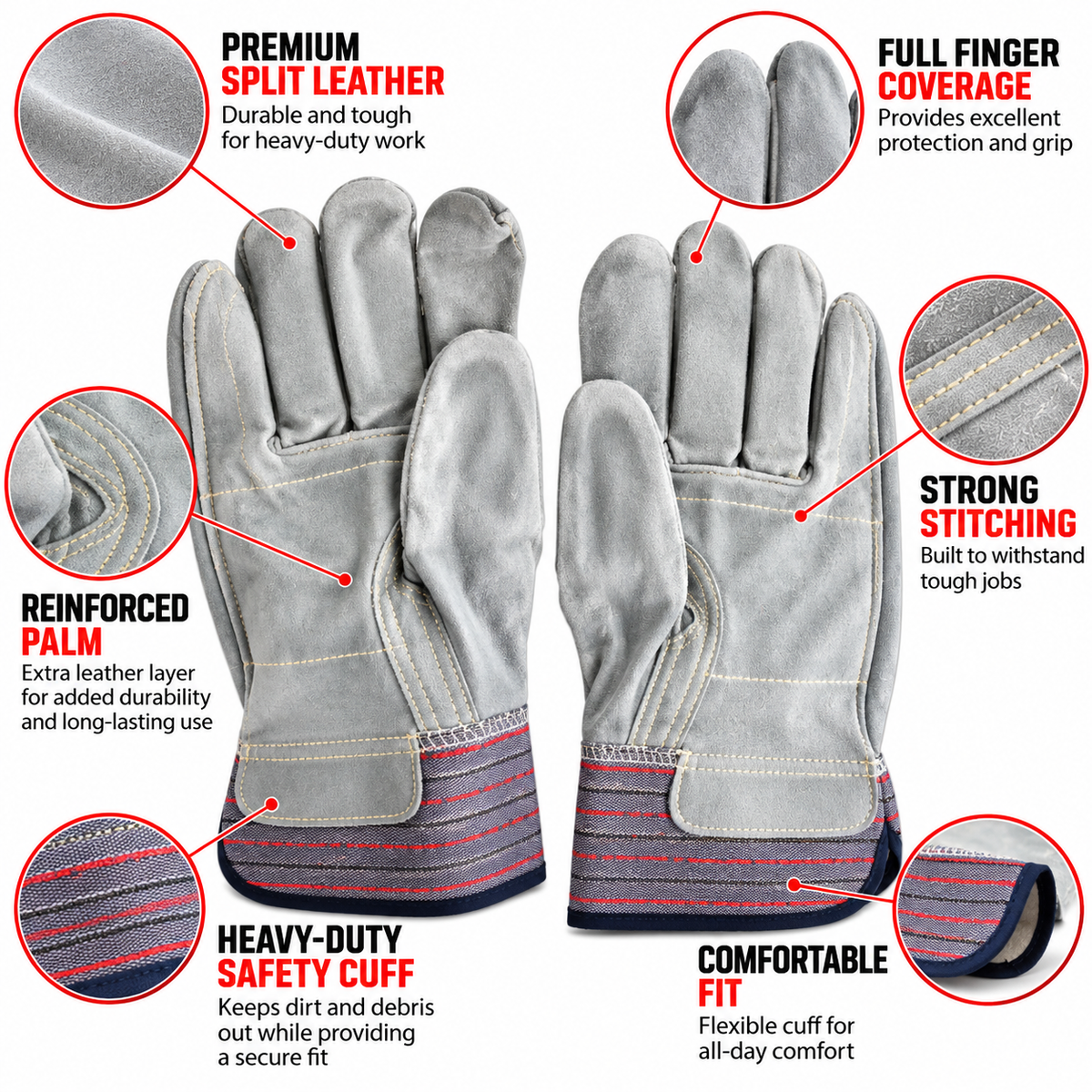 Heavy Duty Gray Split Leather Work Gloves with Reinforced Palm, Durable Stitching & Striped Safety Cuffs – Protective Gloves for Construction, Warehouse, Gardening & General Utility Work (1 Pair)