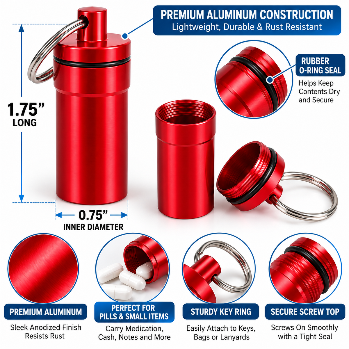 Red Aluminum Pill Holder Keychain, 1.75-Inch Portable Capsule Container with Screw-Top Lid, O-Ring Seal and Key Ring for Travel and Everyday Carry