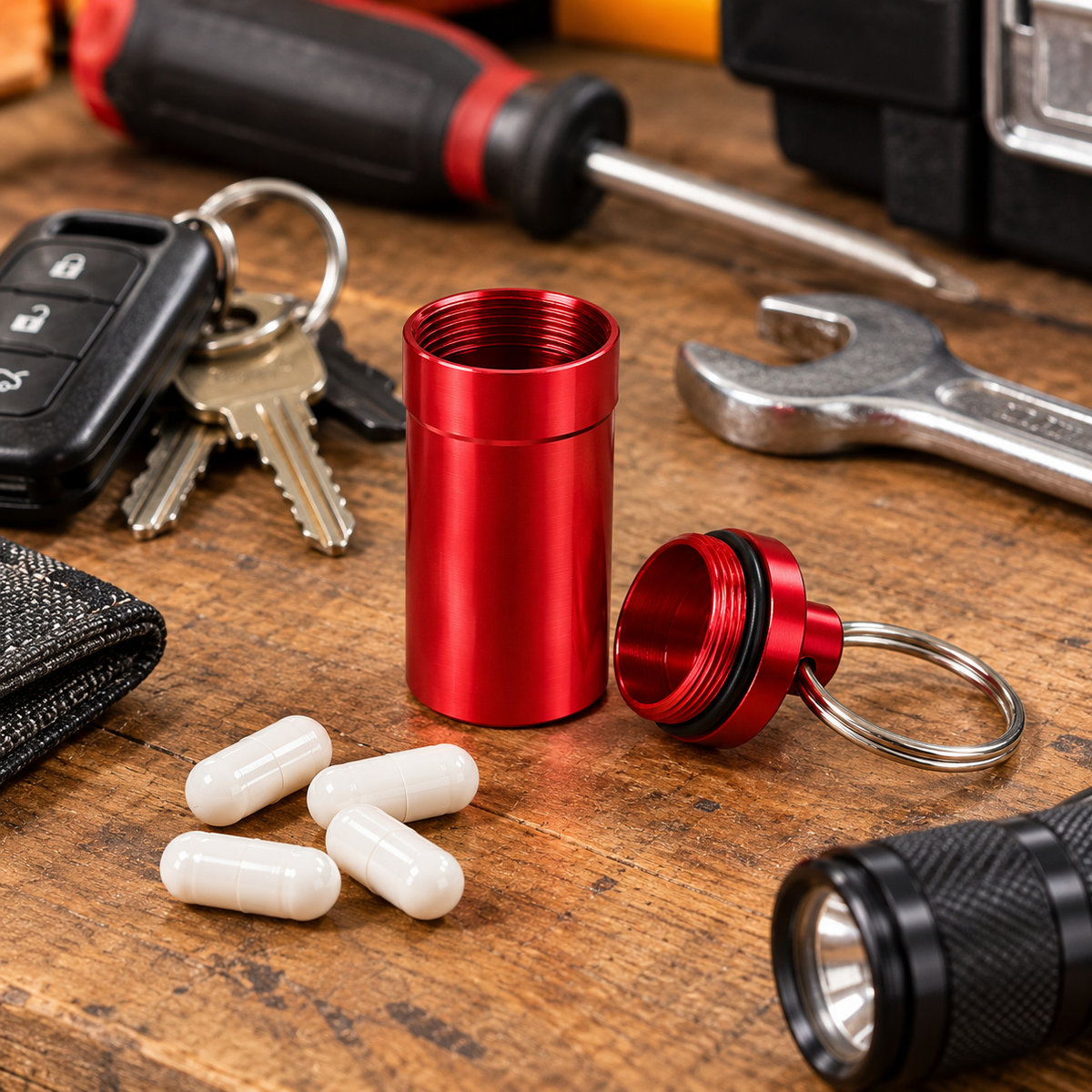 Red Aluminum Pill Holder Keychain, 1.75-Inch Portable Capsule Container with Screw-Top Lid, O-Ring Seal and Key Ring for Travel and Everyday Carry