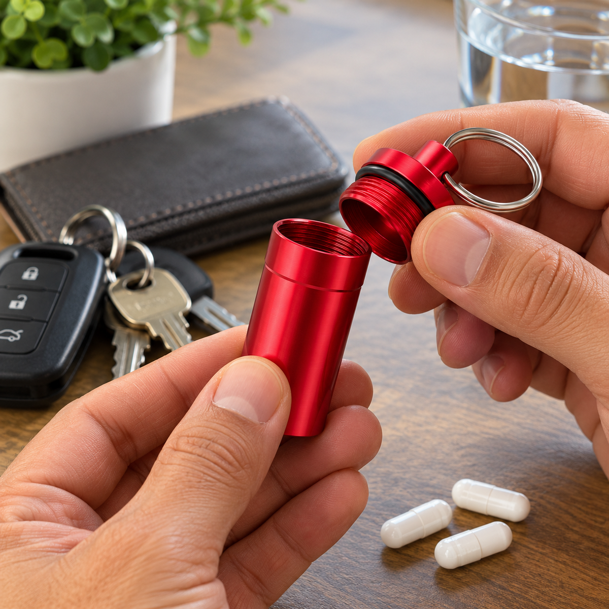 Red Aluminum Pill Holder Keychain, 1.75-Inch Portable Capsule Container with Screw-Top Lid, O-Ring Seal and Key Ring for Travel and Everyday Carry