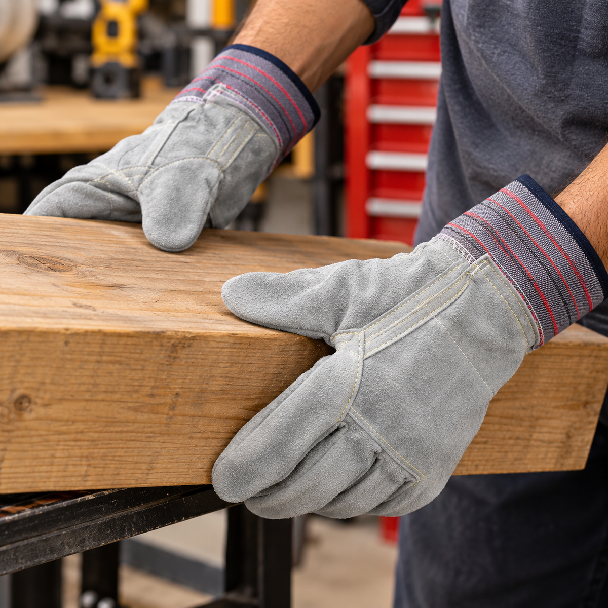 Heavy Duty Gray Split Leather Work Gloves with Reinforced Palm, Durable Stitching & Striped Safety Cuffs – Protective Gloves for Construction, Warehouse, Gardening & General Utility Work (1 Pair)