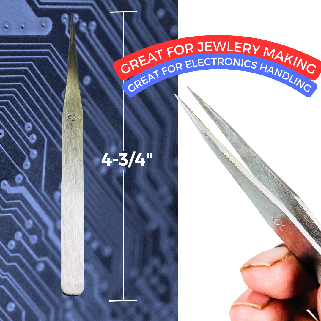 Non-Magnetic Stainless Steel Tweezer Type 00 - Perfect for Precision Electronic Work (4-3/4" Length, Thick Shank, Strong Tip)