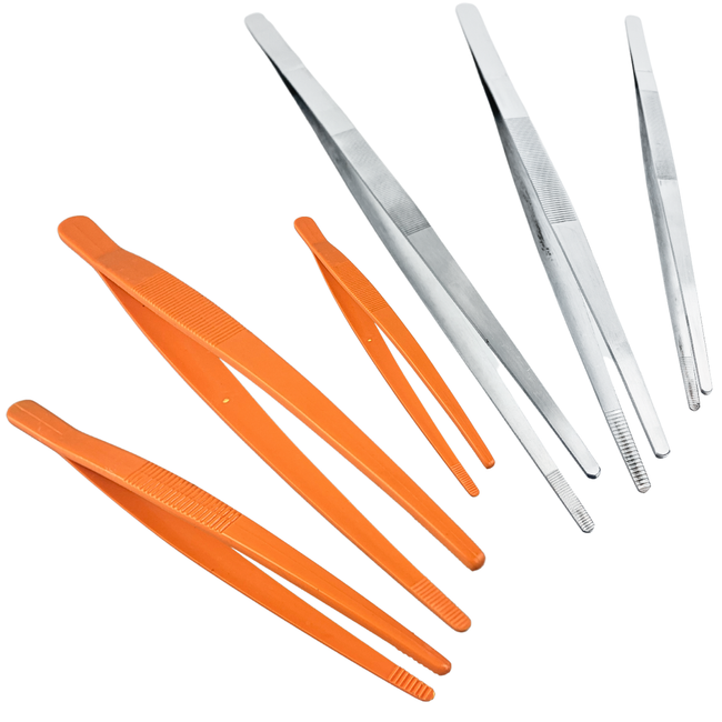 Premium Precision & Jumbo Tweezer Combo — 3-Piece Plastic Tweezer Set + 3-Piece Jumbo Stainless Steel Tweezers