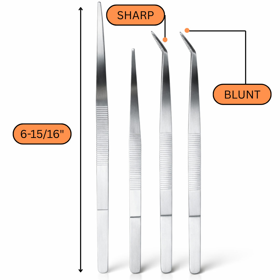 4 Pc Precision Tweezer Set – Straight & Curved Tips, Serrated Grip, 5"–7" Stainless Steel Tweezers – S1-08641