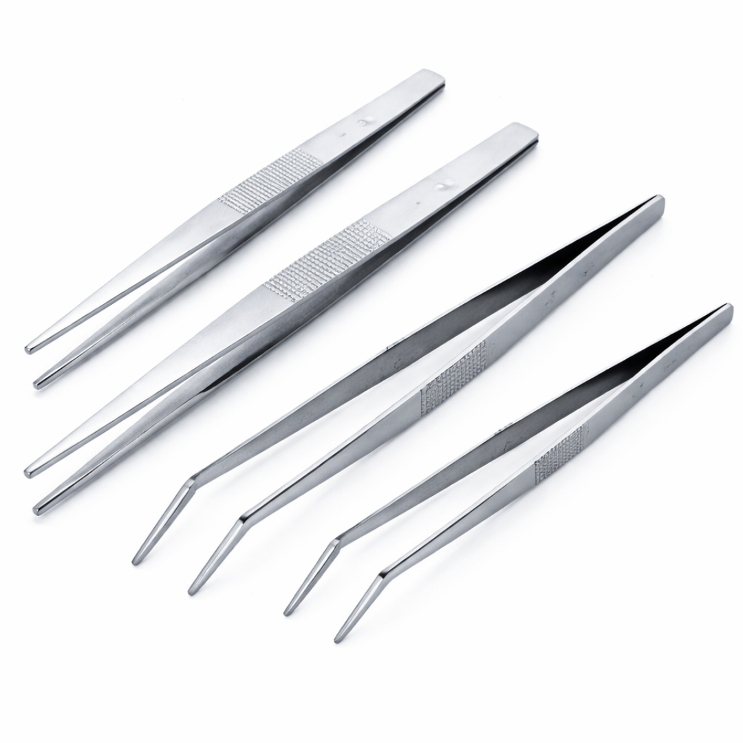 4 Pc Precision Tweezer Set – Straight & Curved Tips, Serrated Grip, 5"–7" Stainless Steel Tweezers – S1-08641