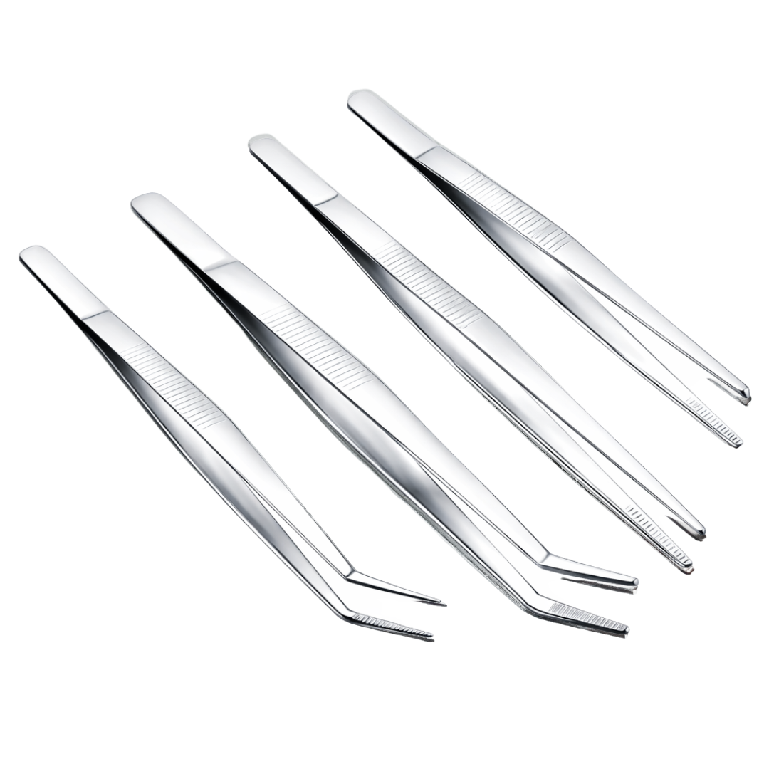 4 Pc Precision Tweezer Set – Straight & Curved Tips, Serrated Grip, 5"–7" Stainless Steel Tweezers – S1-08641