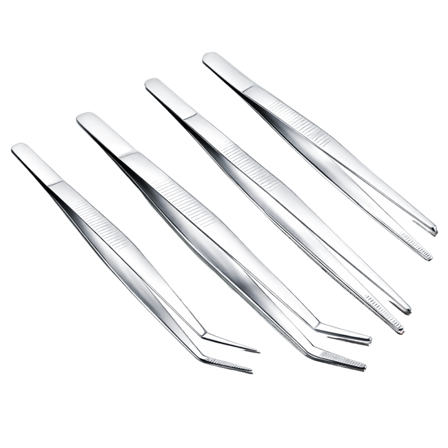 4 Pc Precision Tweezer Set – Straight & Curved Tips, Serrated Grip, 5"–7" Stainless Steel Tweezers – S1-08641