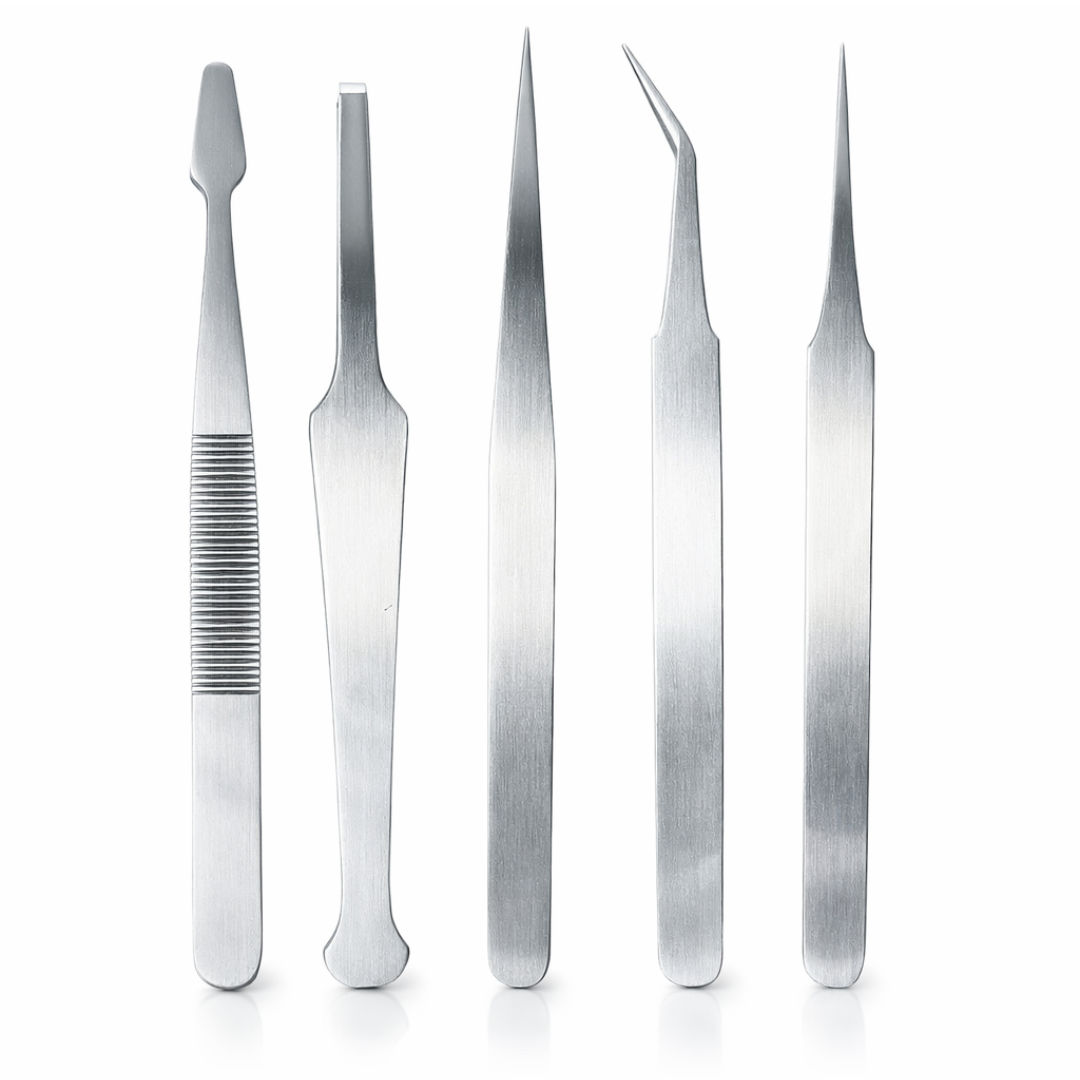 5 Piece Precision Stainless Steel Tweezers Set – 4" to 4.75" Straight, Bent & Tapered Tip Tweezers for Jewelry Making, Electronics Repair, Crafts, Hobby, Laboratory Work – S1-08642