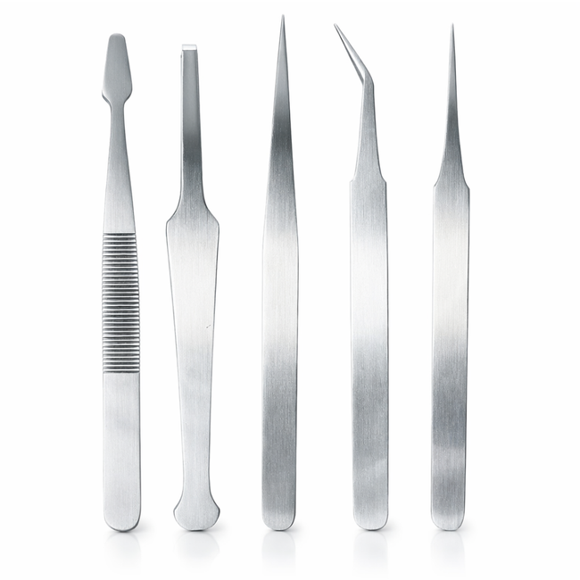 5 Piece Precision Stainless Steel Tweezers Set – 4" to 4.75" Straight, Bent & Tapered Tip Tweezers for Jewelry Making, Electronics Repair, Crafts, Hobby, Laboratory Work – S1-08642