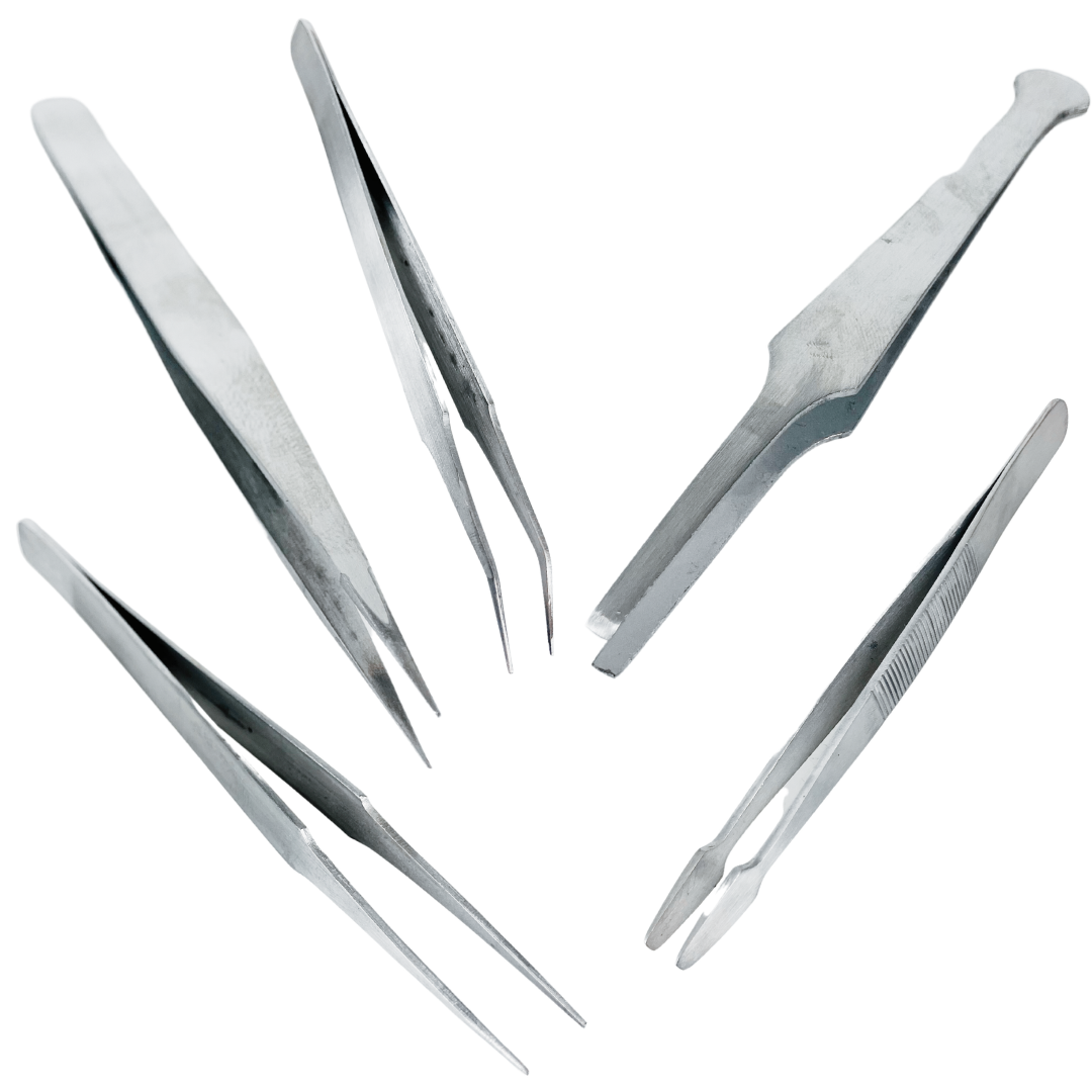 5 Piece Precision Stainless Steel Tweezers Set – 4" to 4.75" Straight, Bent & Tapered Tip Tweezers for Jewelry Making, Electronics Repair, Crafts, Hobby, Laboratory Work – S1-08642