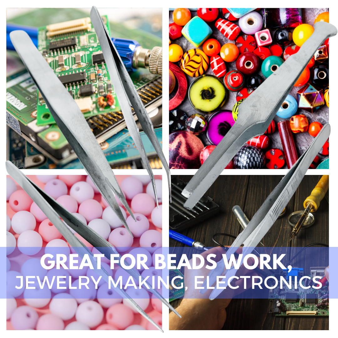 5 Piece Precision Stainless Steel Tweezers Set – 4" to 4.75" Straight, Bent & Tapered Tip Tweezers for Jewelry Making, Electronics Repair, Crafts, Hobby, Laboratory Work – S1-08642