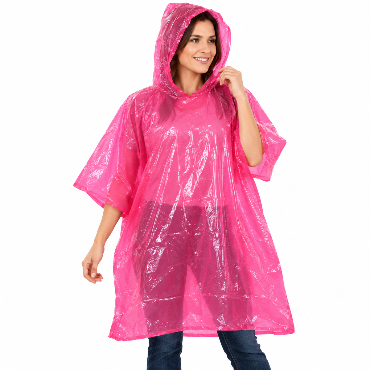 2 Pc. Adult Waterproof Rain Poncho with Hood – Pink Vinyl, Lightweight, Foldable & Compact, One Size Fits Most, Emergency Rain Gear for Camping, Travel, Festivals & Outdoor Activities