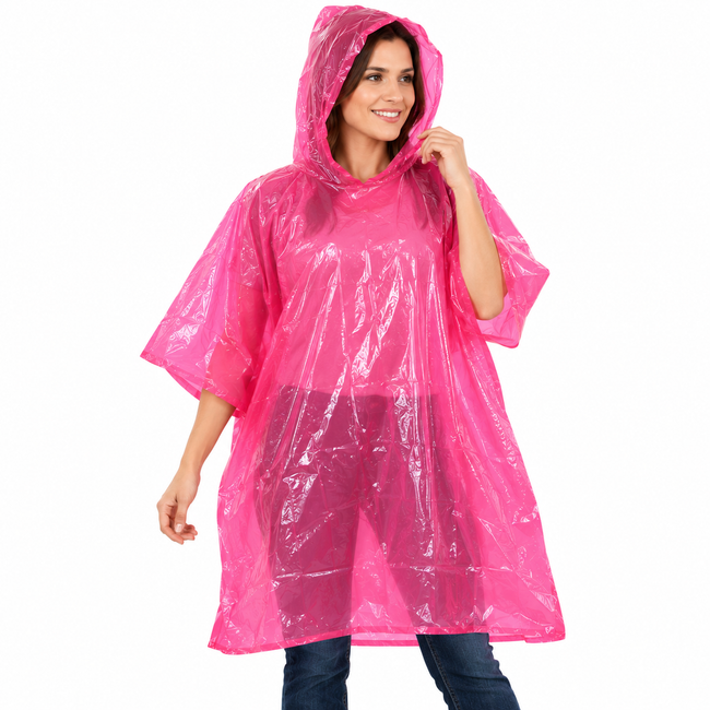 2 Pc. Adult Waterproof Rain Poncho with Hood – Pink Vinyl, Lightweight, Foldable & Compact, One Size Fits Most, Emergency Rain Gear for Camping, Travel, Festivals & Outdoor Activities