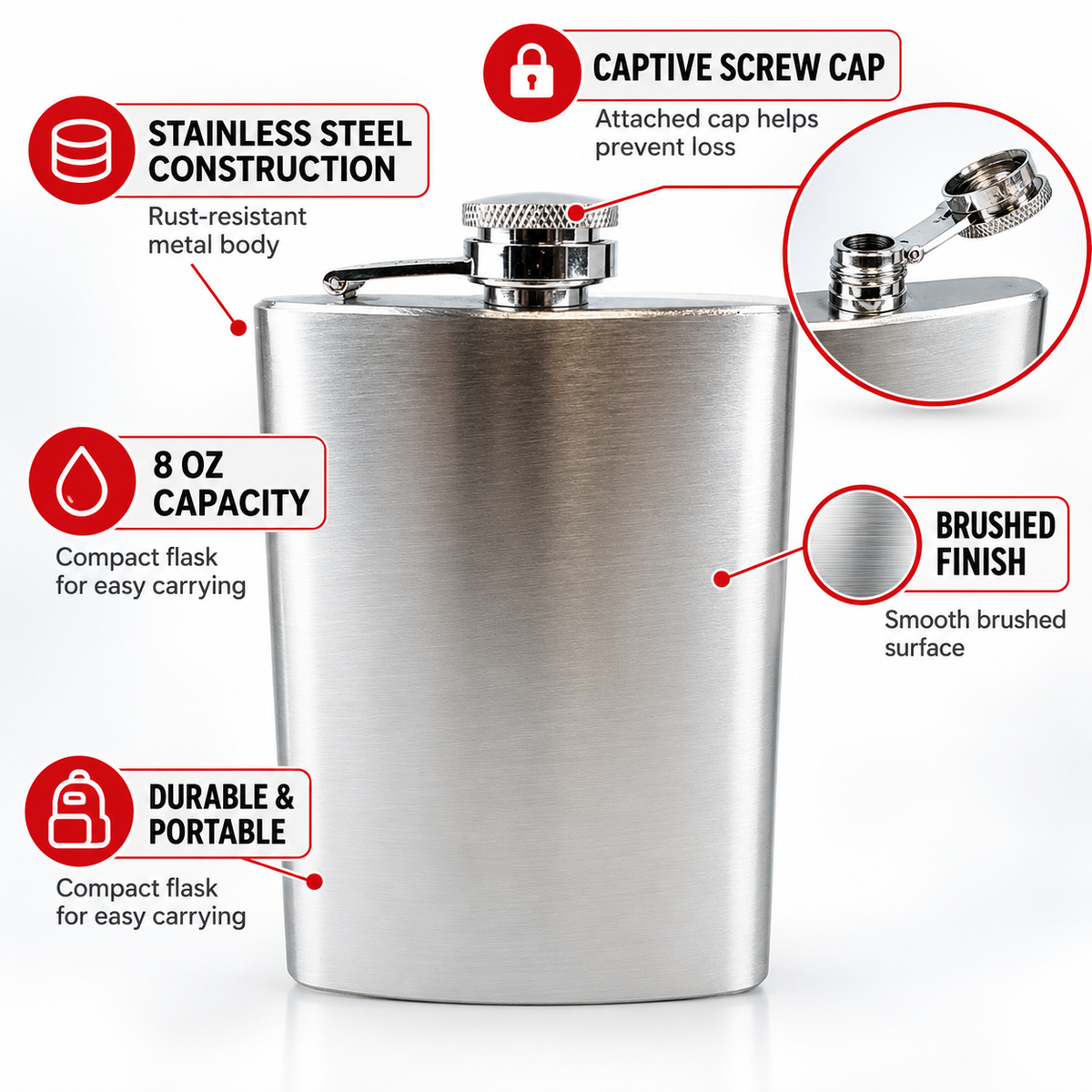 8 oz Stainless Steel Hip Flask with Attached Screw Cap – Brushed Silver Finish, Portable Pocket Flask for Camping, Travel, Outdoor Activities & Gifts