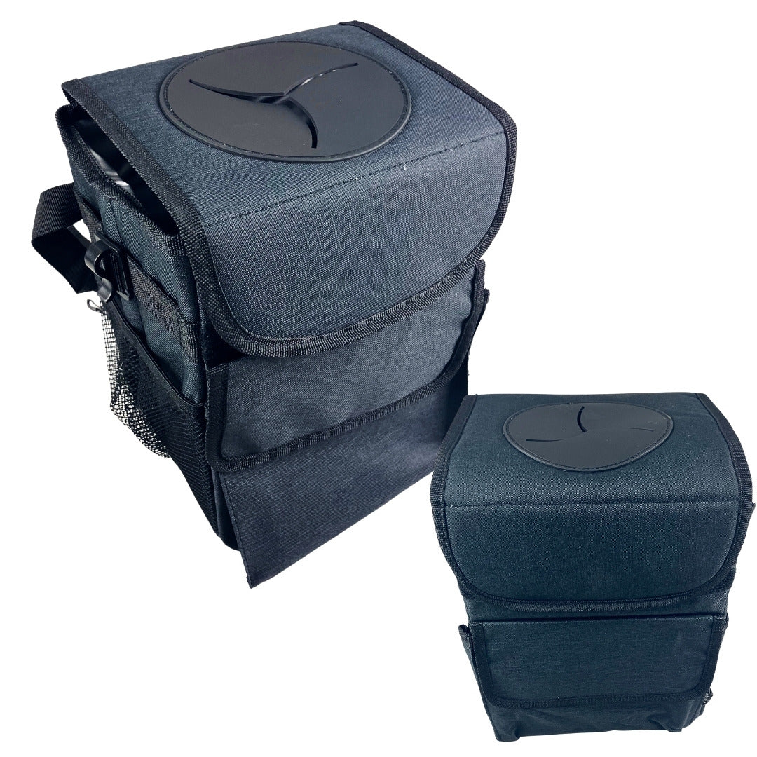 2-Pack Car Trash Can with PVC Lid – Water-Resistant Auto Garbage Bin with Snap-In Liner, Velcro Closure, Carry Handles, Large Front Pocket & Side Mesh Pouch – Small & Large Sizes Included