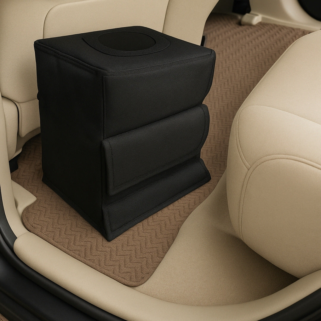 2-Pack Car Trash Can with PVC Lid – Water-Resistant Auto Garbage Bin with Snap-In Liner, Velcro Closure, Carry Handles, Large Front Pocket & Side Mesh Pouch – Small & Large Sizes Included