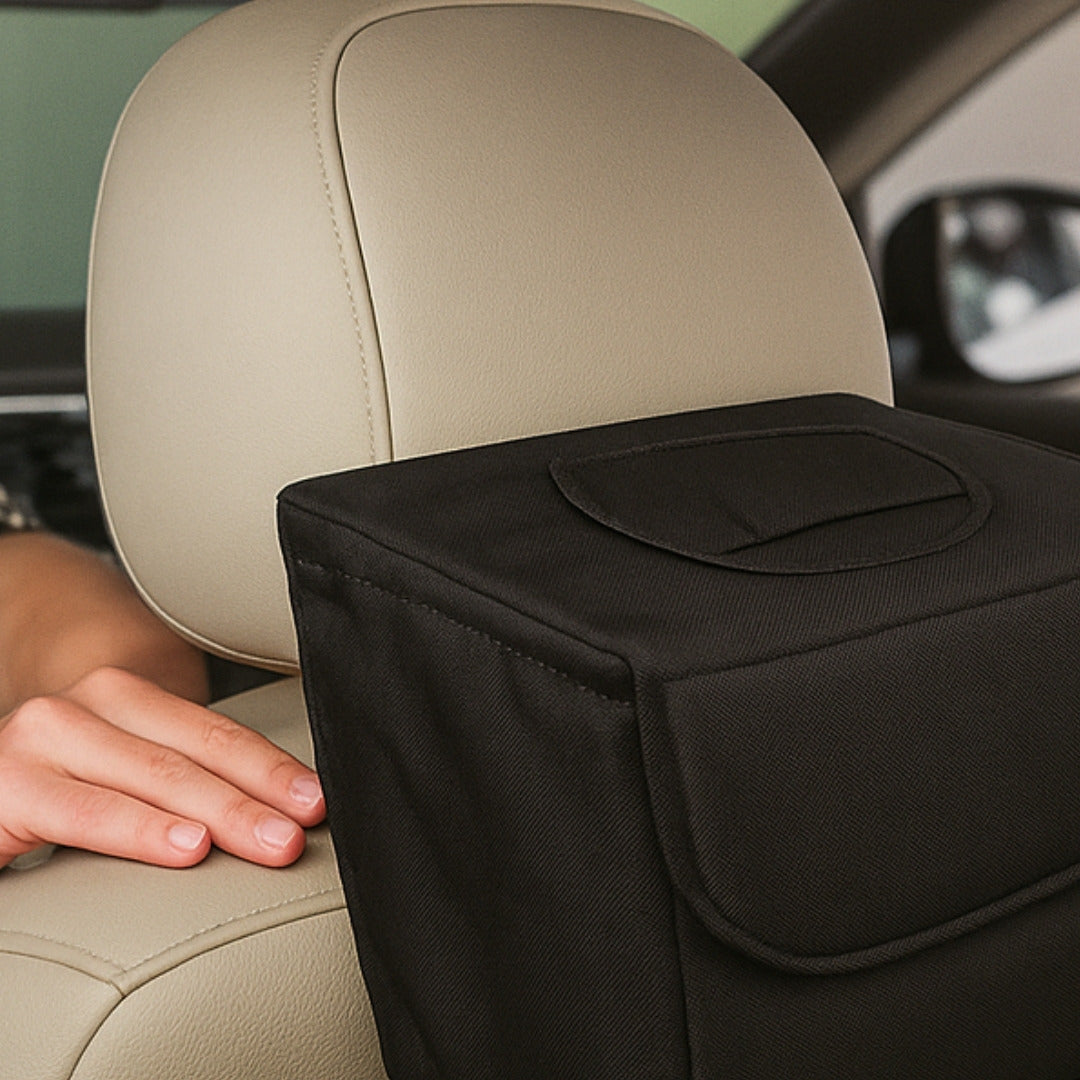 2-Pack Car Trash Can with PVC Lid – Water-Resistant Auto Garbage Bin with Snap-In Liner, Velcro Closure, Carry Handles, Large Front Pocket & Side Mesh Pouch – Small & Large Sizes Included