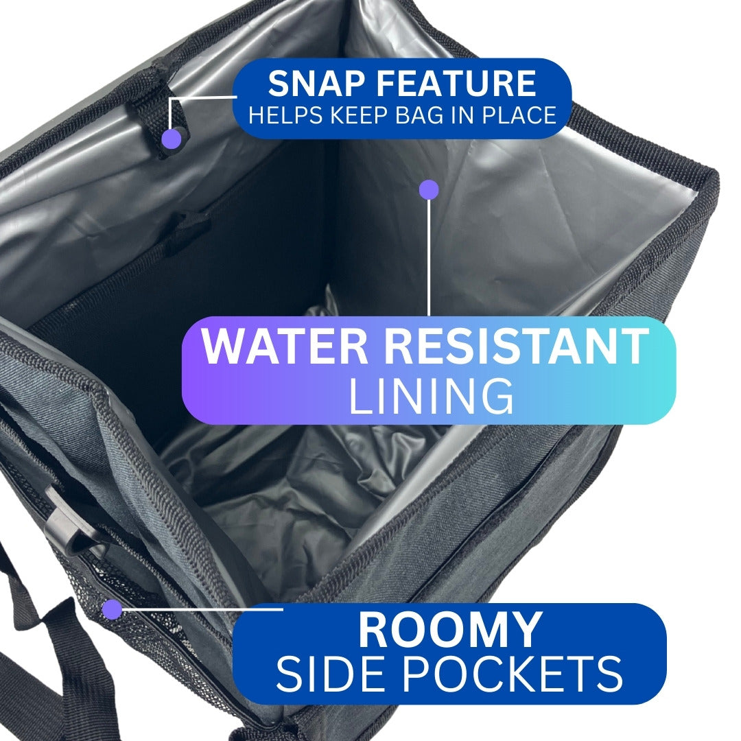 2-Pack Car Trash Can with PVC Lid – Water-Resistant Auto Garbage Bin with Snap-In Liner, Velcro Closure, Carry Handles, Large Front Pocket & Side Mesh Pouch – Small & Large Sizes Included