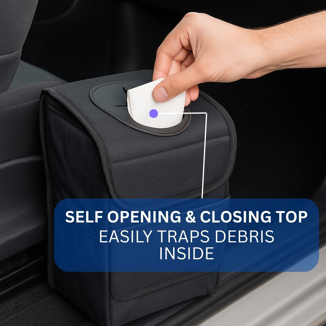 2-Pack Car Trash Can with PVC Lid – Water-Resistant Auto Garbage Bin with Snap-In Liner, Velcro Closure, Carry Handles, Large Front Pocket & Side Mesh Pouch – Small & Large Sizes Included