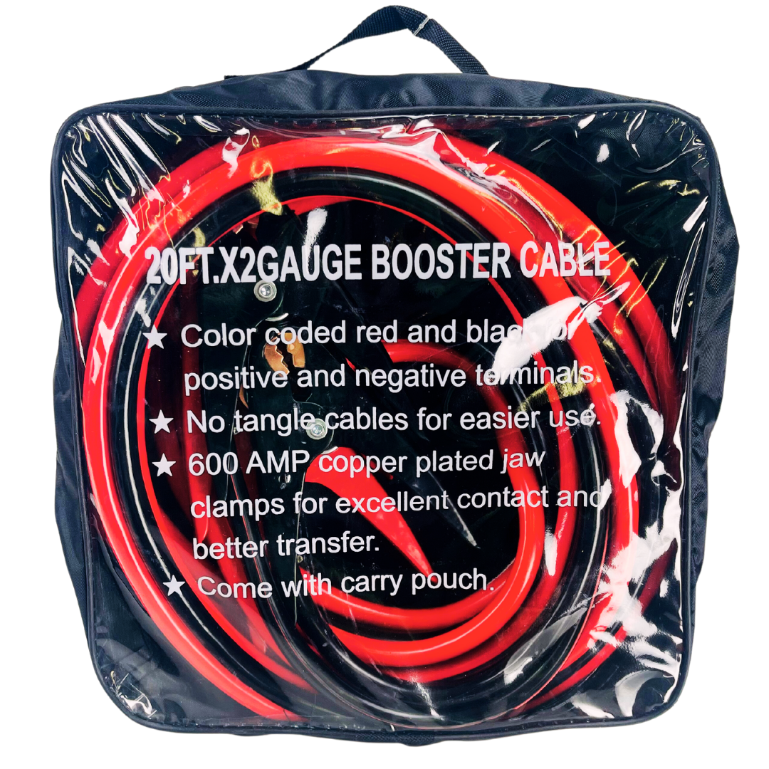 ROAD GENIE 20 Foot, 2 Gauge Booster Cable with Color-Coded Clamps and Carrying Pouch for Easy and Reliable Jump-Starting