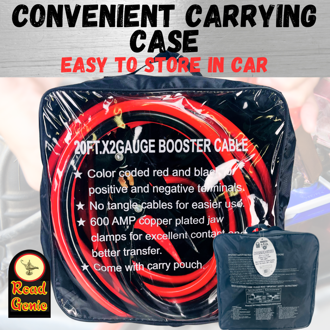 ROAD GENIE 20 Foot, 2 Gauge Booster Cable with Color-Coded Clamps and Carrying Pouch for Easy and Reliable Jump-Starting