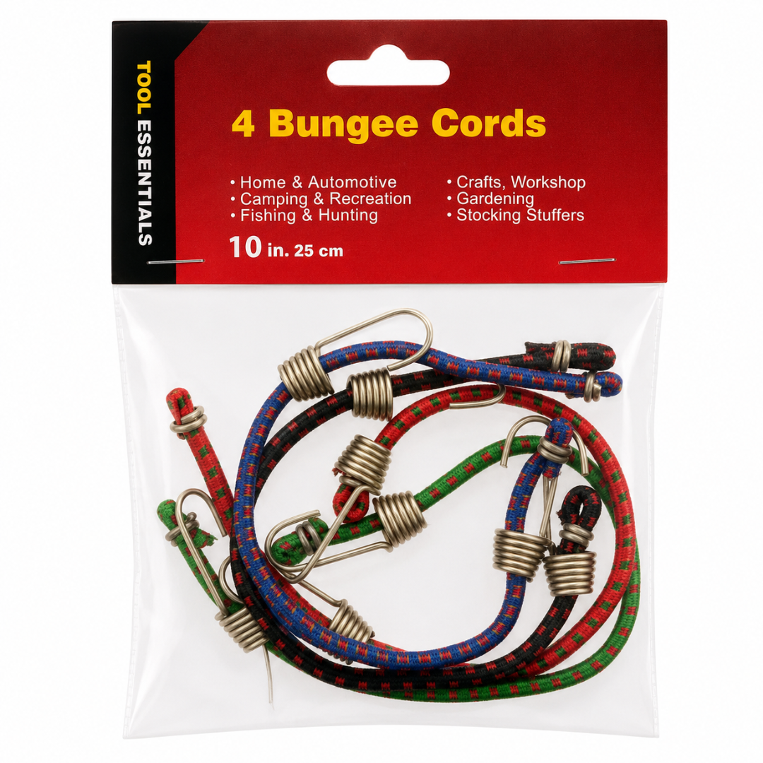 Mini Bungee Cords 10 Inch, 4-Piece Assorted Color Elastic Tie-Down Cords with Hooks for Cables, Travel, Camping, Crafts & Light-Duty Organization, Pack of 2