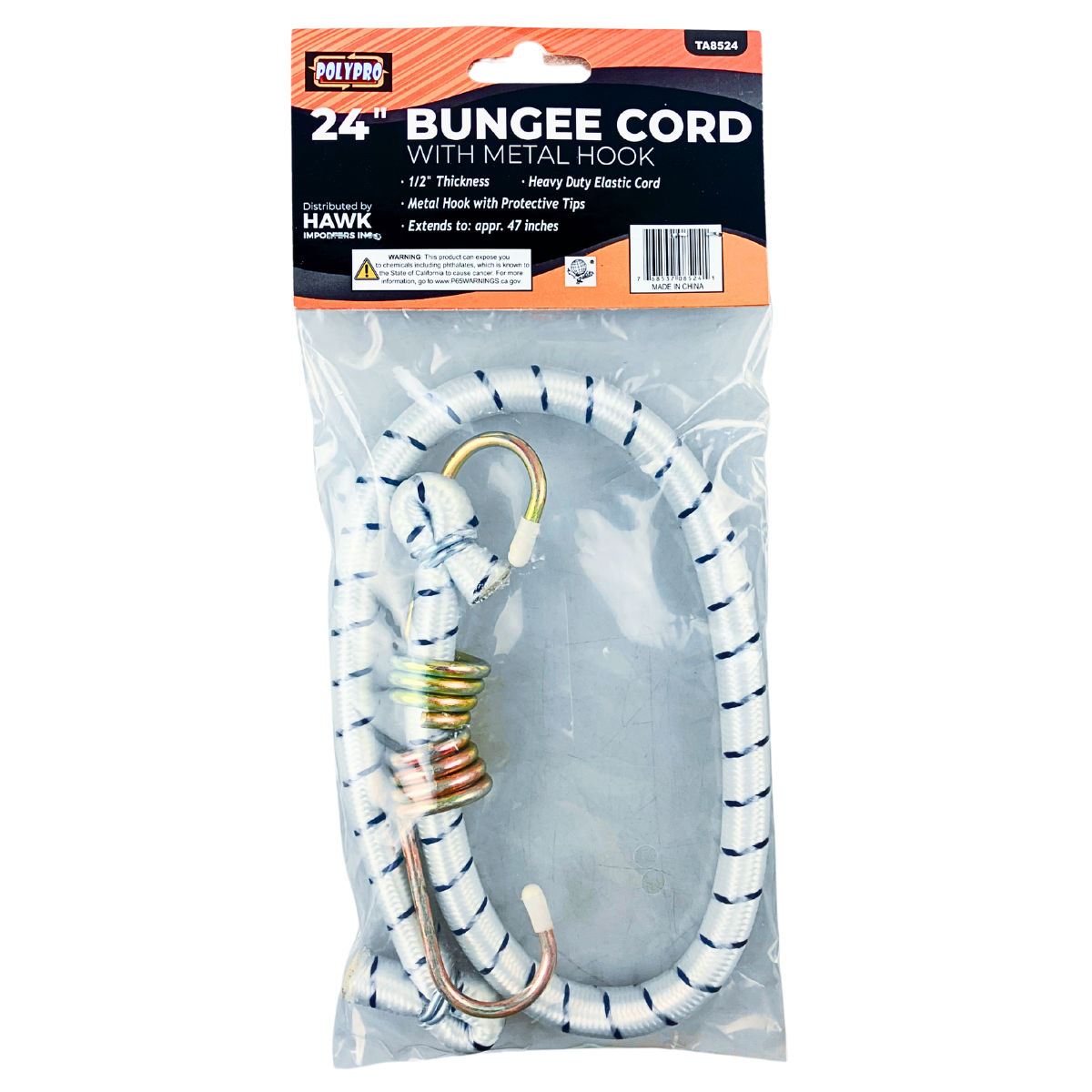 2 Pc. Heavy-Duty 24" White and Black Striped Bungee Cord with Rubber-Tipped Hooks – Strong Elastic Tie Down for Cargo, Camping, and Travel