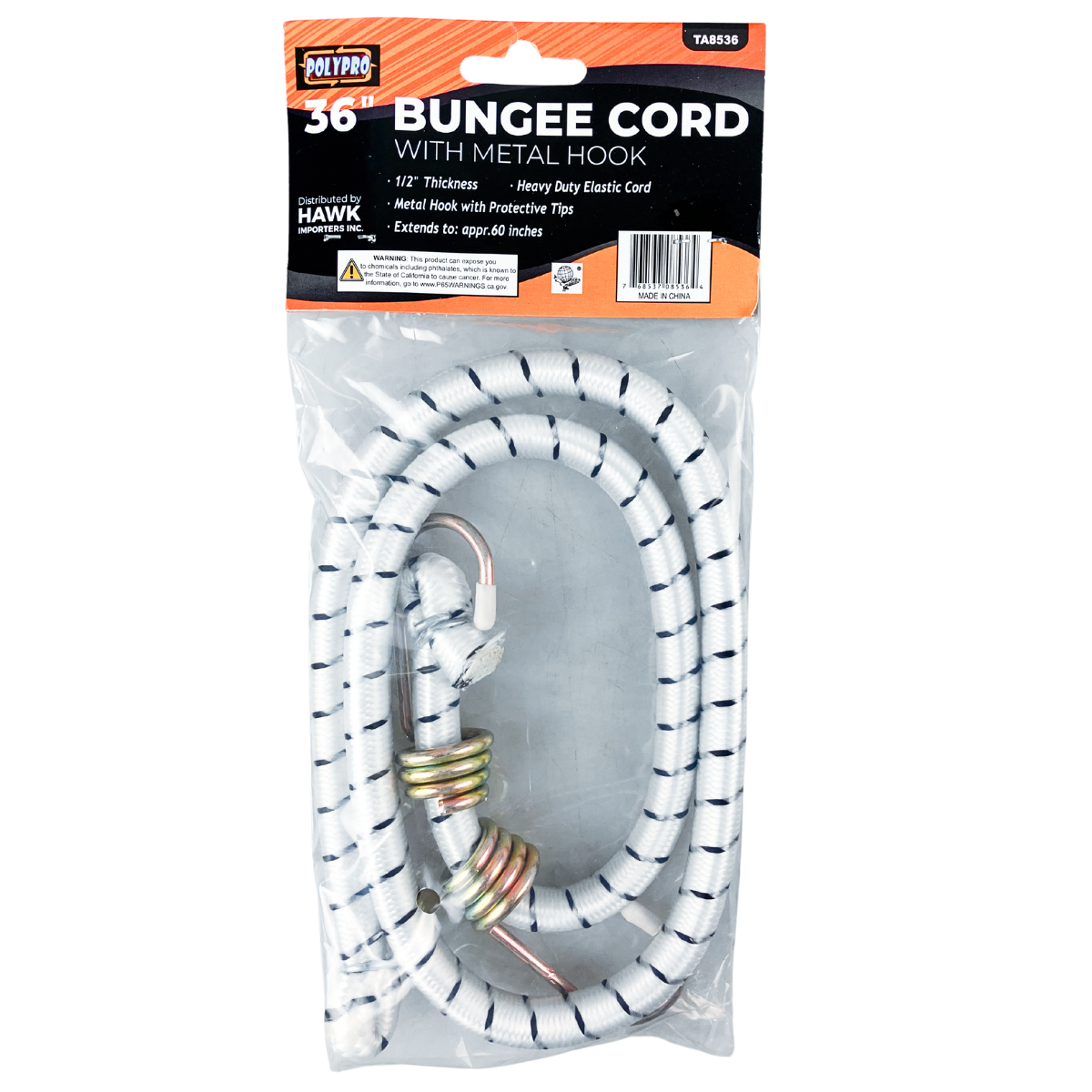 2 Pc. Heavy-Duty 36" White Striped Bungee Cord with Coated Metal Hooks – Strong Elastic Tie Down for Securing Cargo, Luggage, and Emergency Use