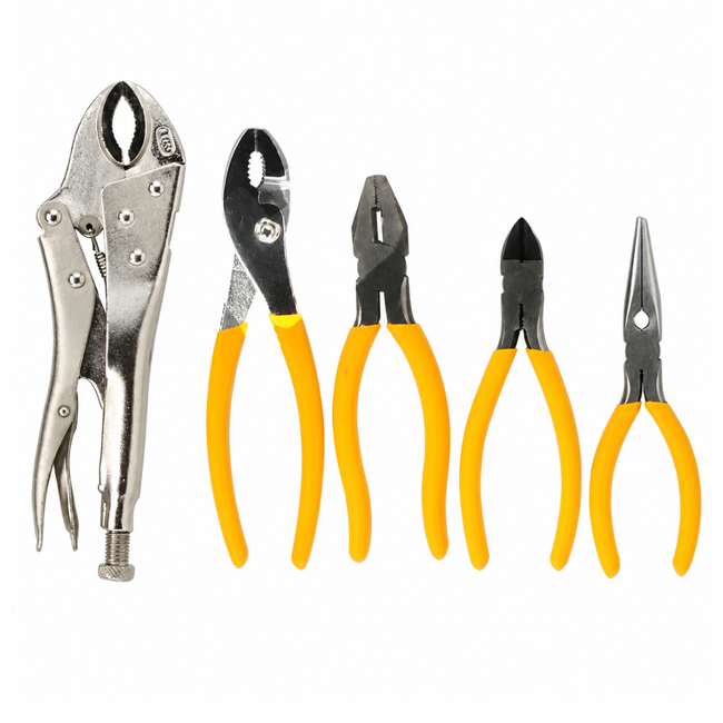 5-Piece General Purpose Pliers Set with Comfort Grip Handles – Long Nose, Side Cutting, Linesman, Slip Joint & Locking Pliers – TP-03705