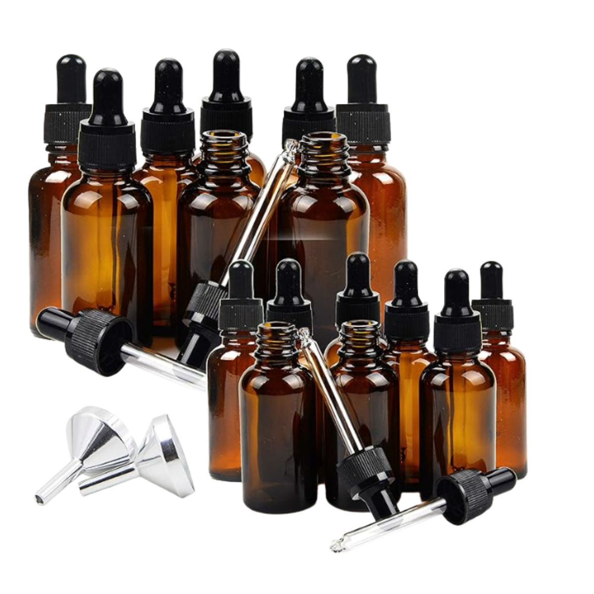 Amber Glass Dropper Bottles Set – 16 Pack (8 x 1 oz + 8 x 2 oz) with Black Dropper Lids, Refillable Glass Bottles for Oils, Serums, Tinctures & DIY Liquids