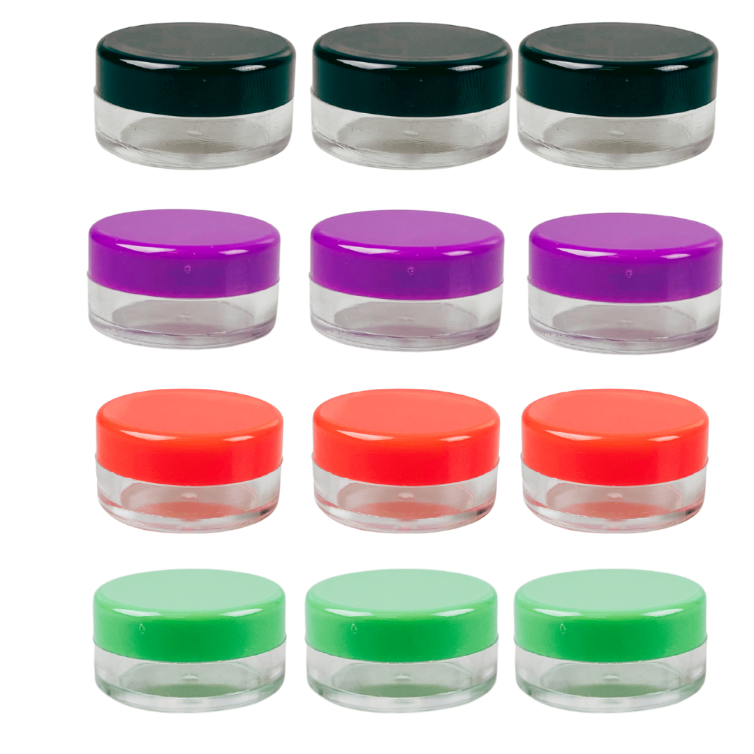 12-Pack Clear Plastic Mini Jars with Colorful Screw-On Lids – 1" x 1/2" Small Storage Containers for Beads, Gems, Crafts & Tiny Parts – Durable PP Plastic – TJ8605-COL