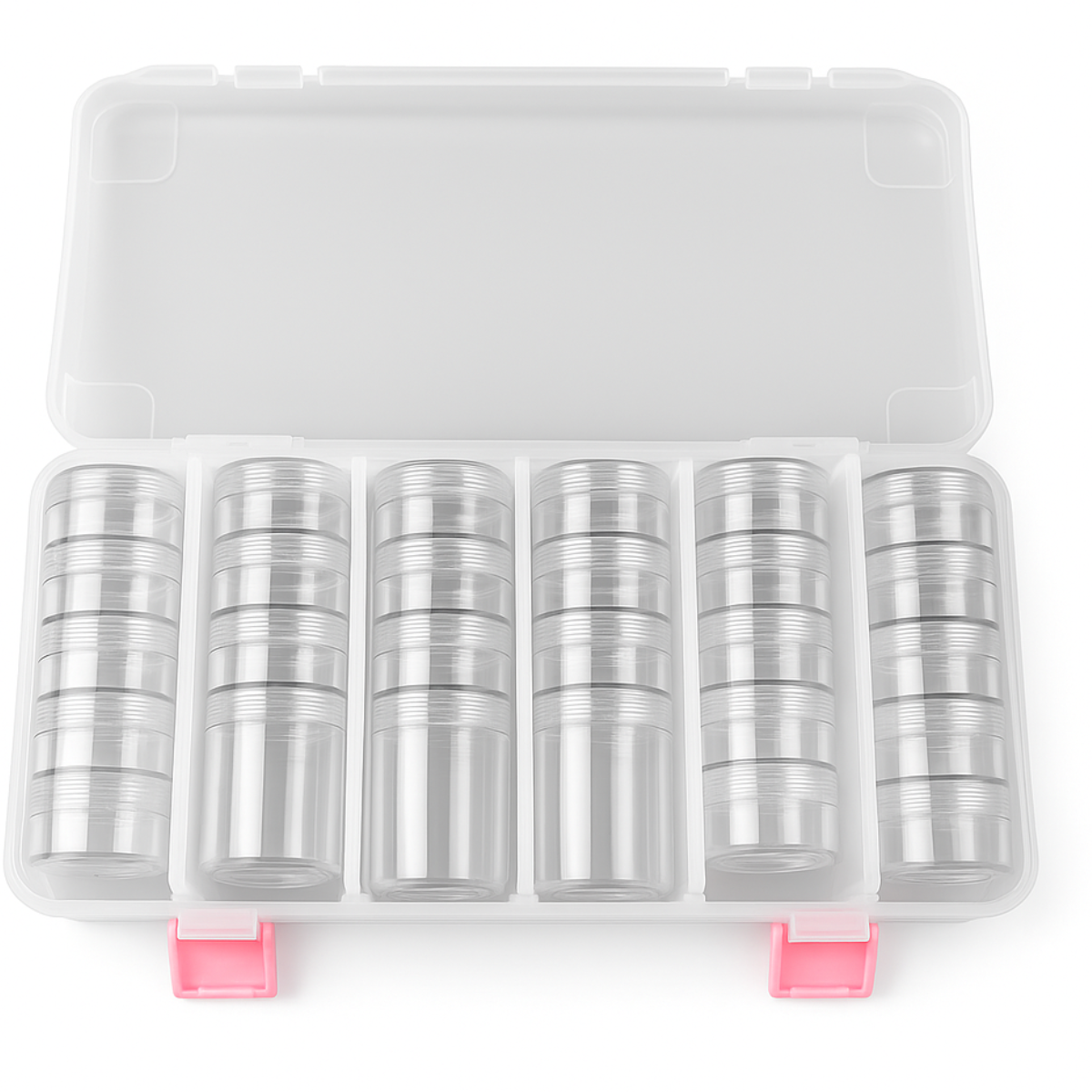 Clear Plastic Storage Box with 28 Round Screw-Stack Jars – 1-1/4" Diameter Containers in 2 Sizes – Hinged Lid & Removable Dividers for Crafts, Beads, Jewelry, Sewing & Small Parts