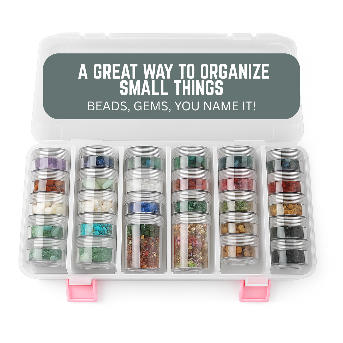 Clear Plastic Storage Box with 28 Round Screw-Stack Jars – 1-1/4" Diameter Containers in 2 Sizes – Hinged Lid & Removable Dividers for Crafts, Beads, Jewelry, Sewing & Small Parts