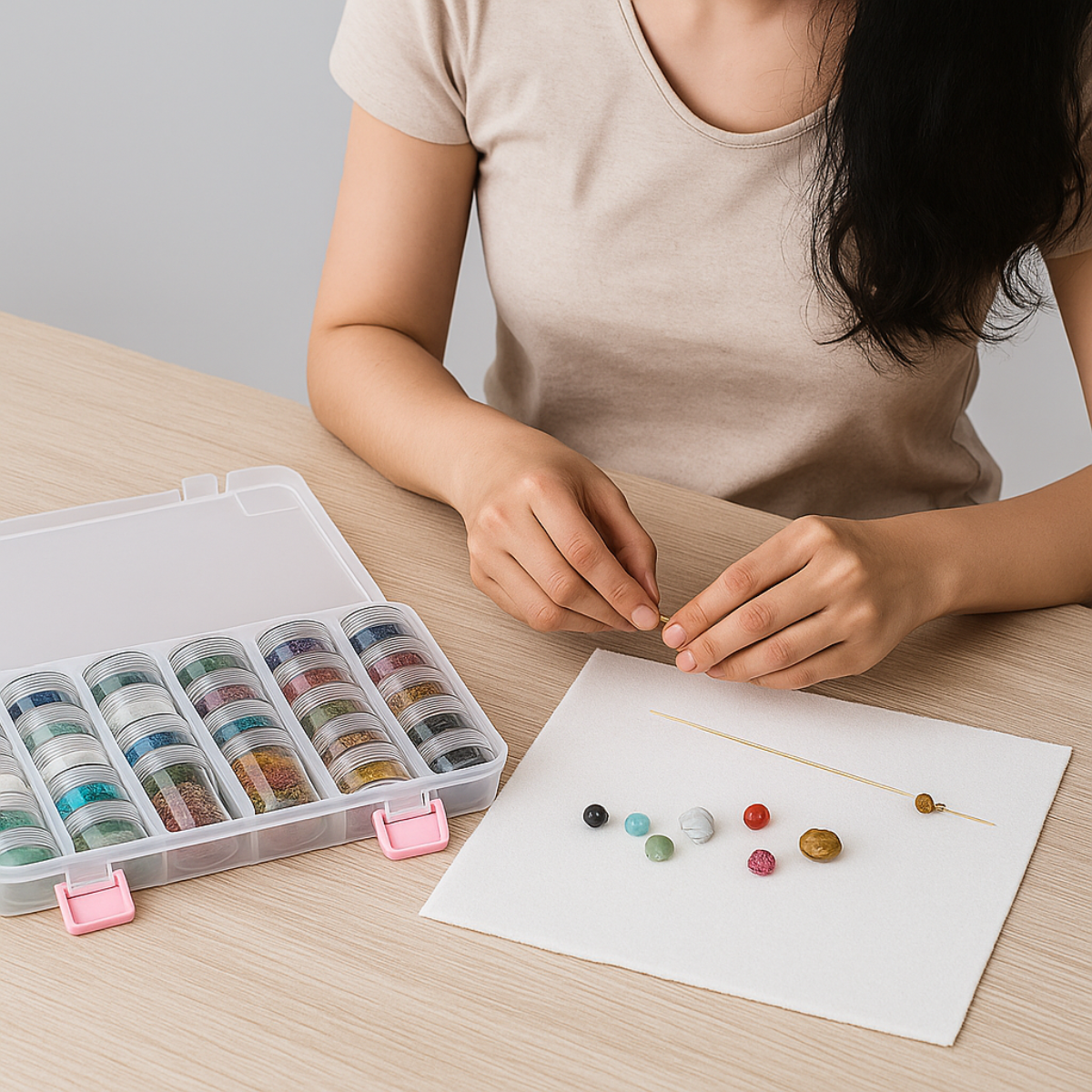 Clear Plastic Storage Box with 28 Round Screw-Stack Jars – 1-1/4" Diameter Containers in 2 Sizes – Hinged Lid & Removable Dividers for Crafts, Beads, Jewelry, Sewing & Small Parts