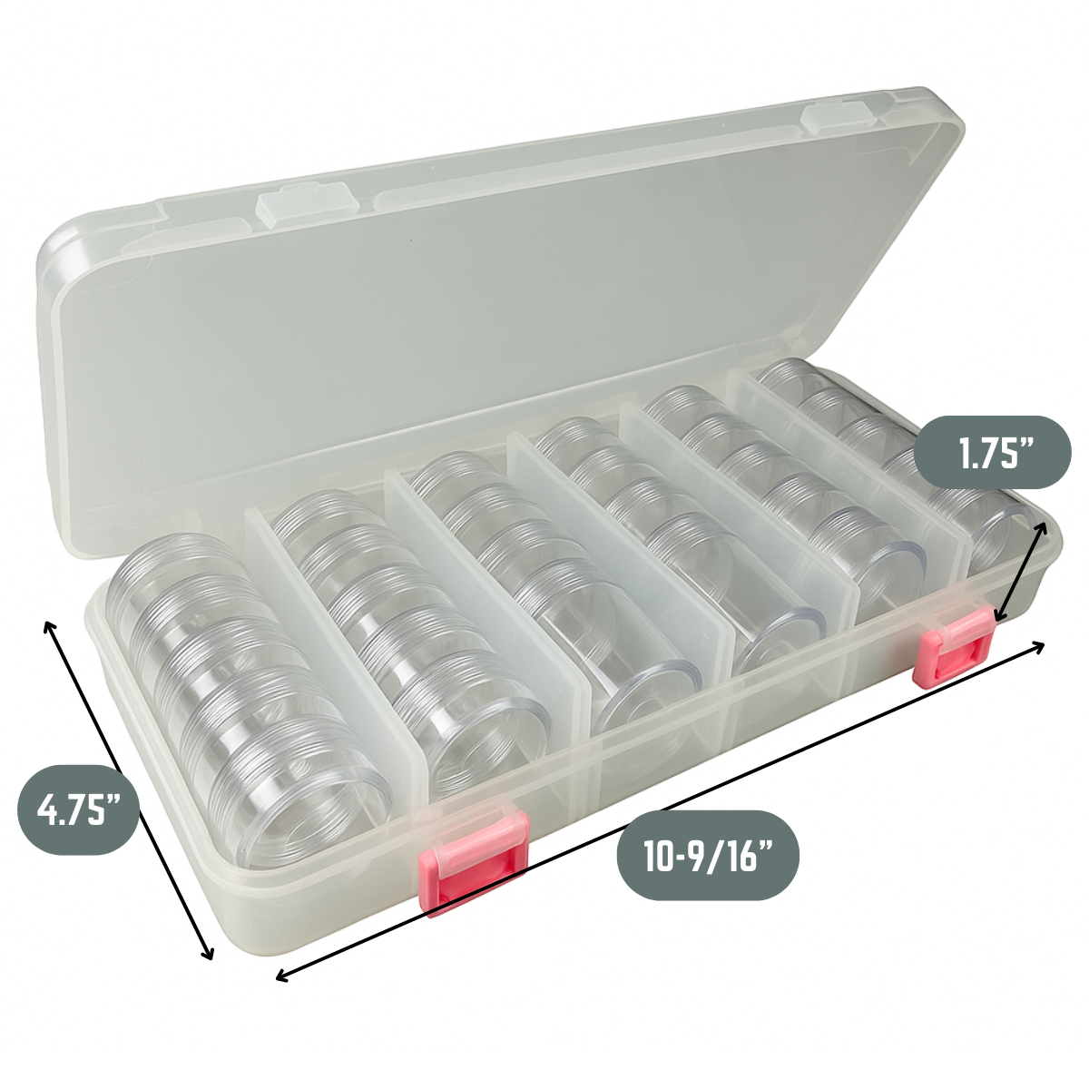 Clear Plastic Storage Box with 28 Round Screw-Stack Jars – 1-1/4" Diameter Containers in 2 Sizes – Hinged Lid & Removable Dividers for Crafts, Beads, Jewelry, Sewing & Small Parts