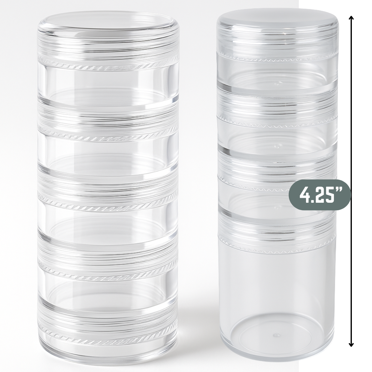Clear Plastic Storage Box with 28 Round Screw-Stack Jars – 1-1/4" Diameter Containers in 2 Sizes – Hinged Lid & Removable Dividers for Crafts, Beads, Jewelry, Sewing & Small Parts